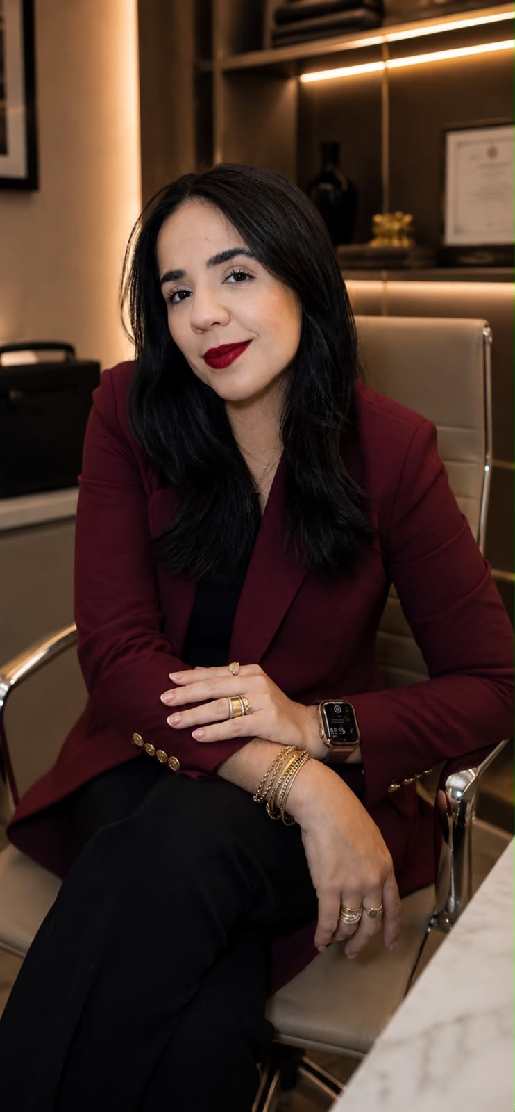 Hohana com blazer vinho sentada na clínica